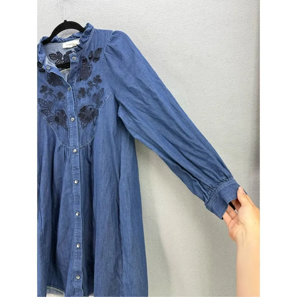 Coach Embroidered Denim Mini Shirt Dress Size 4 Made in Italy